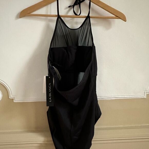 La Blanca Mesh Panels One Piece Black Swimsuit Open Back Neck Tie 8 - Picture 5 of 5